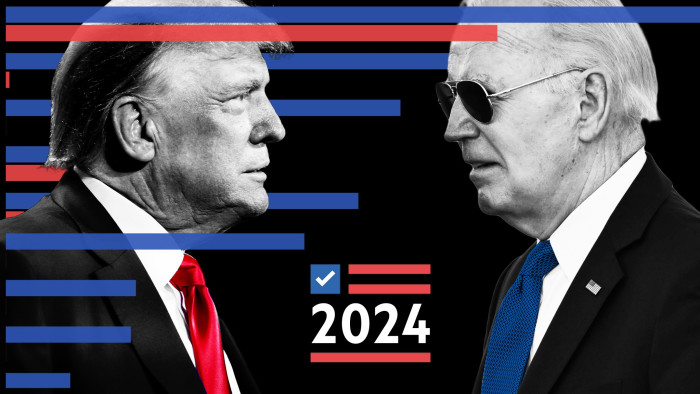 A montage of Donald Trump and Joe Biden and US flag with the year 2024 and a tick