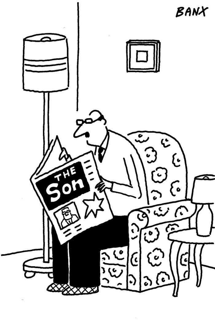 Cartoon of a man seated in an armchair and reading a newspaper