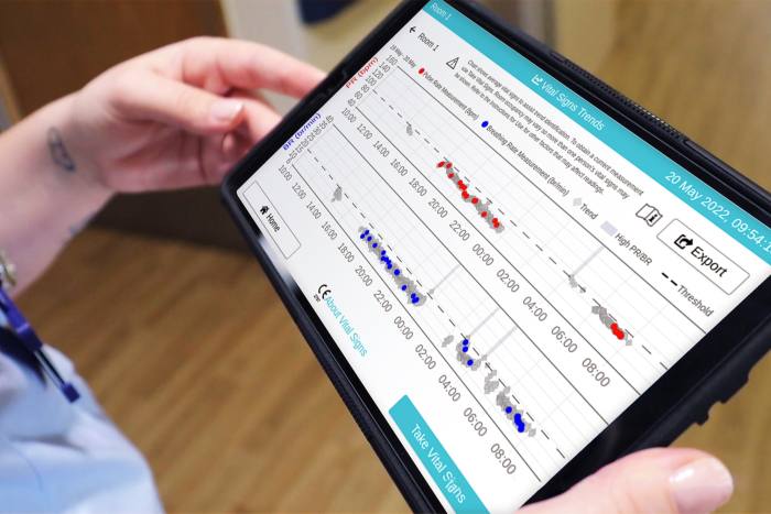 A tablet showing the graphic interrface of Oxehealth software