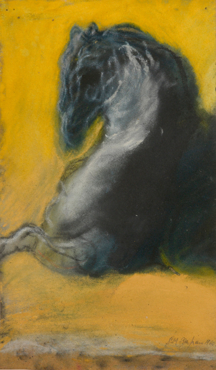 Pastel drawing of a black horse rearing against a yellow background