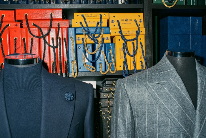 From left, wool mockleno SB jacket, £5,750, and flannel DB jacket, £7,500