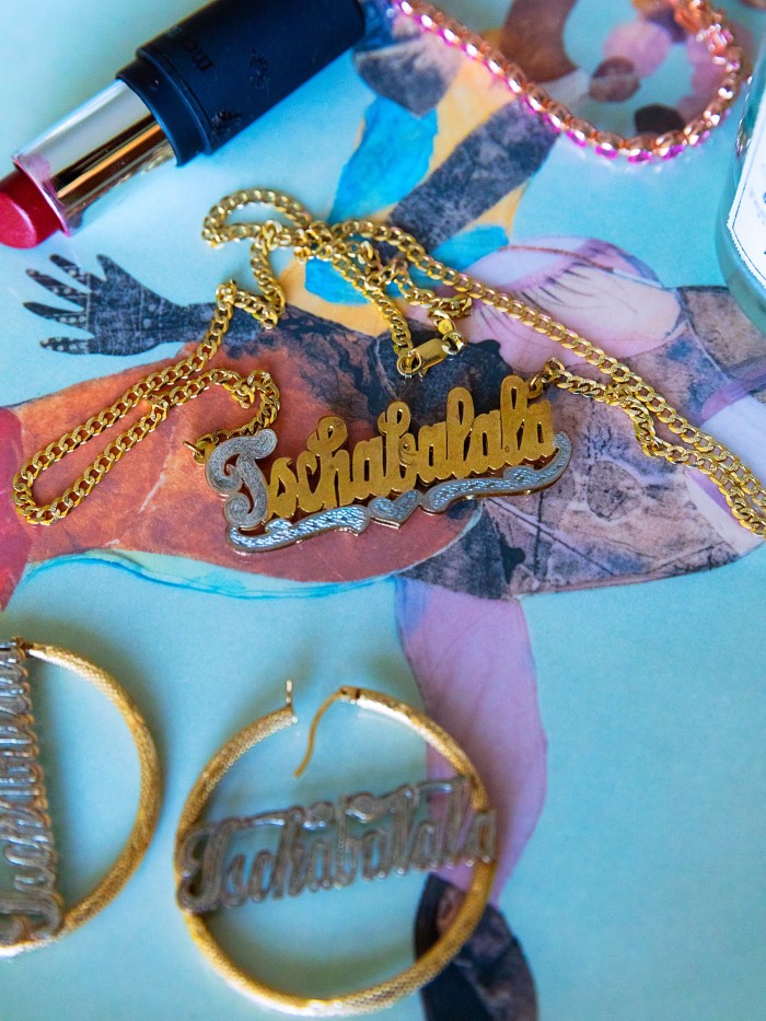 Self’s “Tschabalala” necklace and earrings on the limited edition Sapphire plate she created