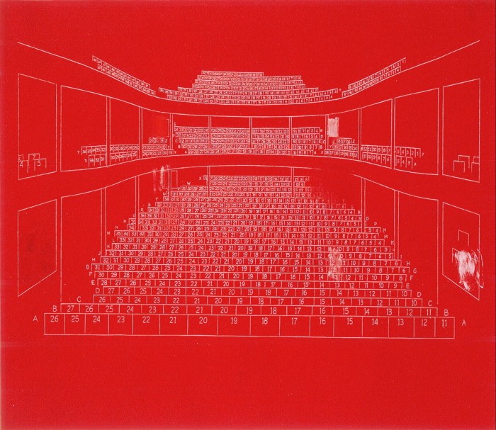 A seating plan for a theatre viewed from the stage in red with white lines
