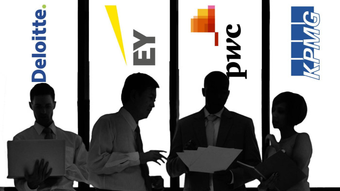 A montage of people standing in front of the logos of Deloitte, EY, PwC and KPMG