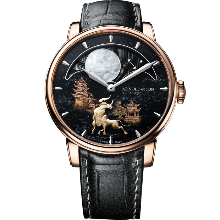 Arnold & Son Perpetual Moon Year of the Ox: haematite dial with 18ct yellow-gold ox in relief and 18ct red-gold case, £49,700. Limited edition of eight