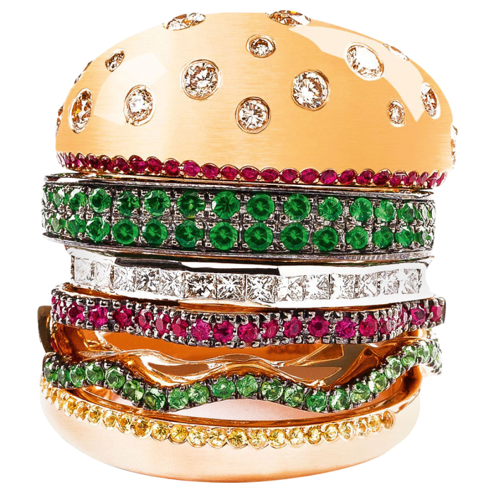 Nadine Ghosn gold, diamond, ruby and sapphire Veggie Burger ring, $20,880