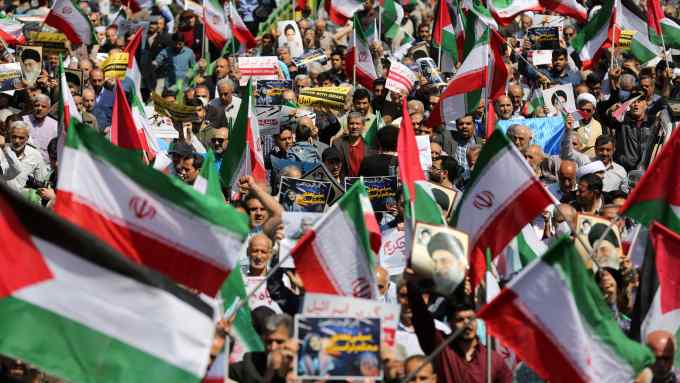 Protesters inTehran on Friday after Israel’s retaliatory strike on Iran