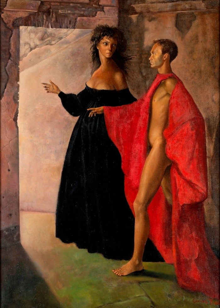 A thin woman in a large black dress points the way out of a cave to a naked man in a red cloak