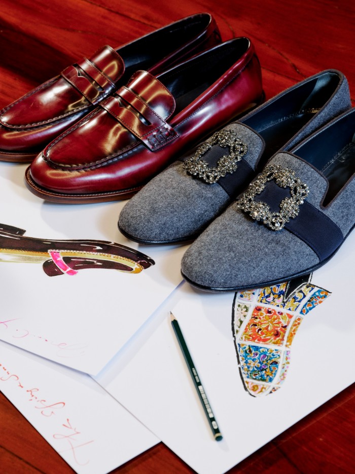 Manolo Blahnik leather Perry loafers, £725, and velvet and crystal buckle Carlton slippers, £975