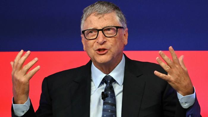 Close up picture of Bill Gates gesturing with both hands as he speaks during the Global Investment Summit at the Science Museum in London this week