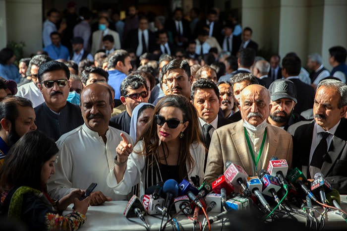 Opposition leader Sherry Rehman, of the Pakistan People’s Party, speaks to reporters outside the Supreme Court in Islamabad 