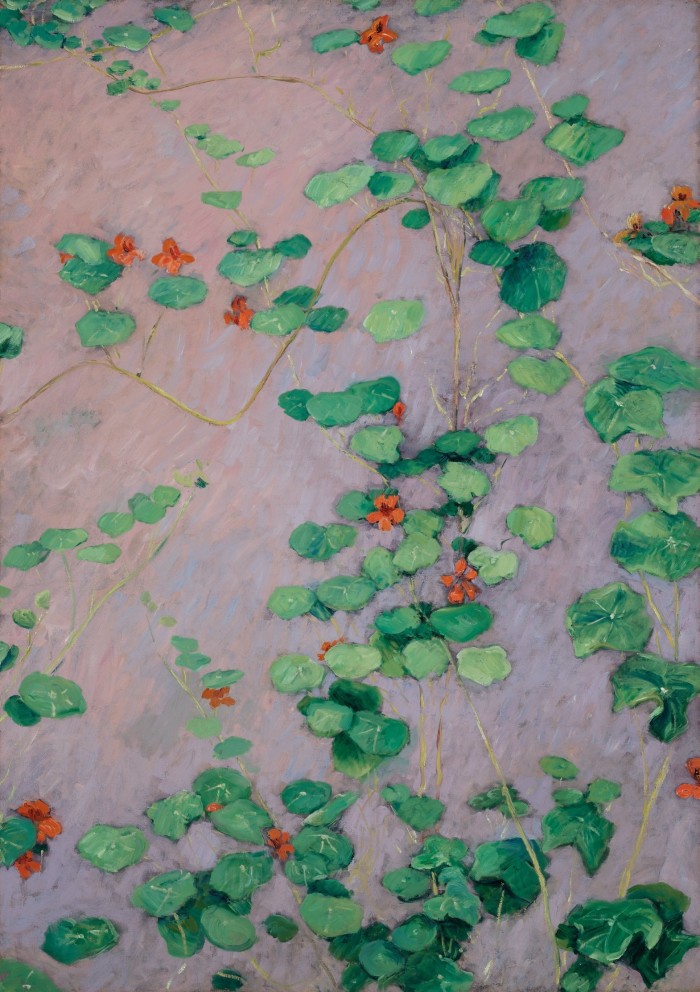 An Impressionist oil painting of green nasturtiums with red flowers against a grey-lilac background