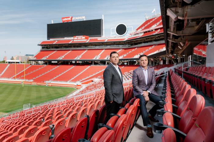 San Francisco 49ers CEO Jed York, left and Brano Perkovich, 49ers chief investment officer, at their stadium in Santa Clara, California