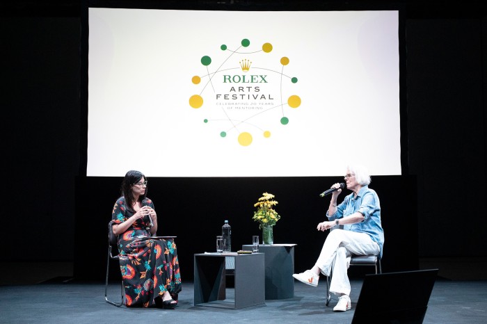 Phyllida Lloyd (right) on stage at the Rolex Arts Festival in Athens