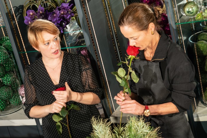 Harriet Quick (on right) is given a masterclass by Katy Coleman of Neill Strain Floral Couture, London
