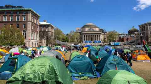 Student demonstrators occupy the pro-Palestinian ‘Gaza Solidarity Encampment’ on the West Lawn of Columbia University in New York City