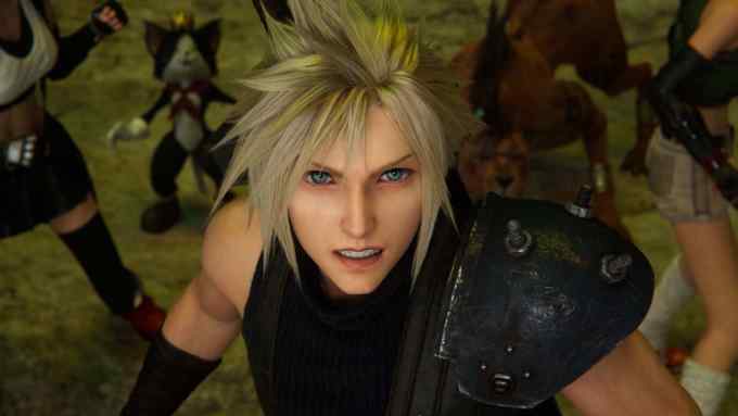 An image from a video game shows a character with spiky blond hair wearing armour and looking up