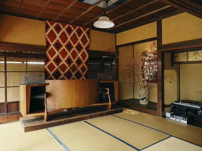 The living area of the kominka, featuring his JBL Paragon sound system from the 1960s