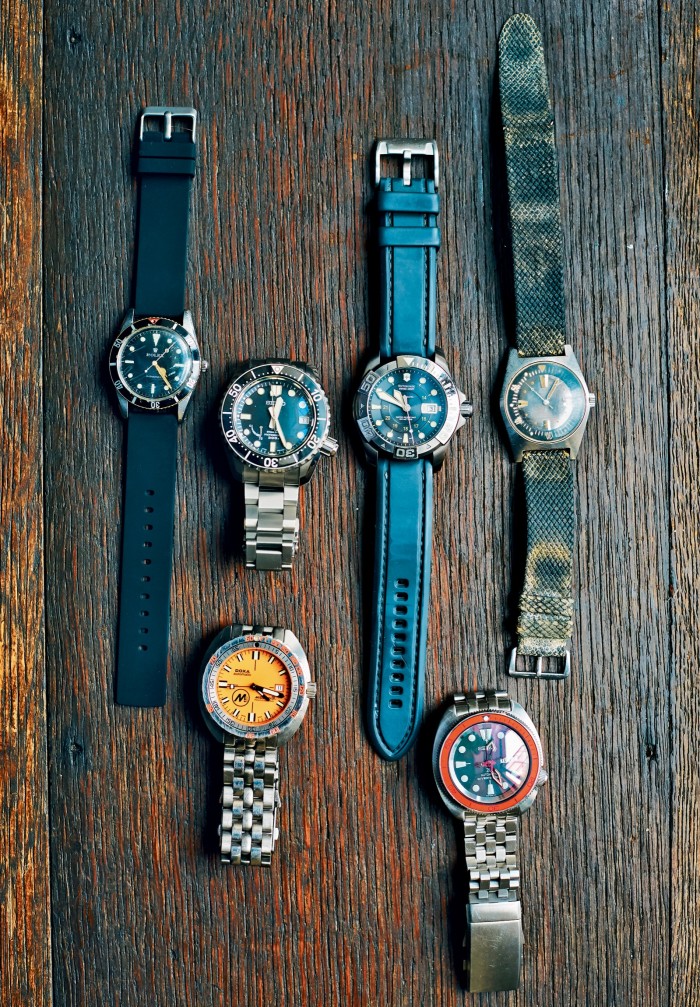 Six of Cousteau’s 100-strong watch collection