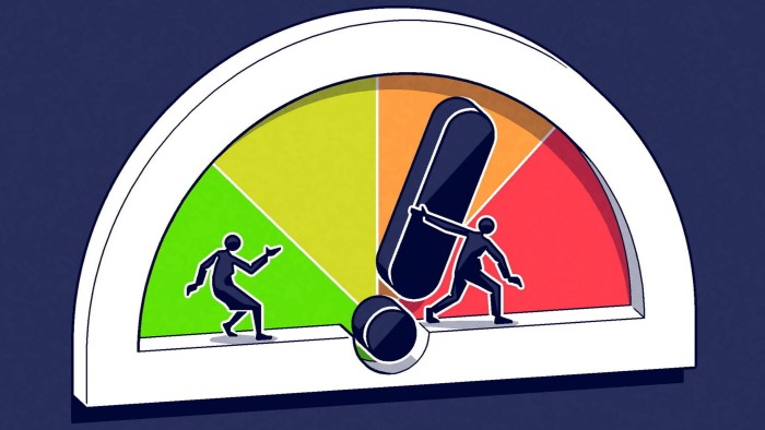 Matt Kenyon illustration of an analogue fuel dial in a car where a male figure pulls the handle away from a female standing in the green section towards himself in the red section.  