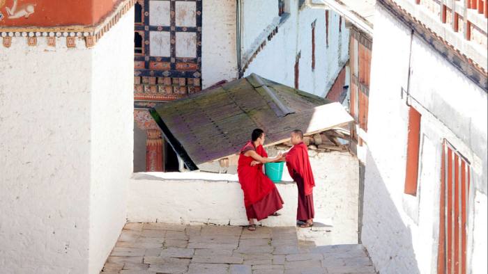 Buddhist monks in the town of Trongsa in Bhutan