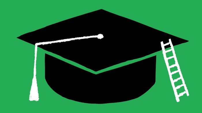 Ben Hickey illustration of a mortarboard on a green background, with a ladder on its side.