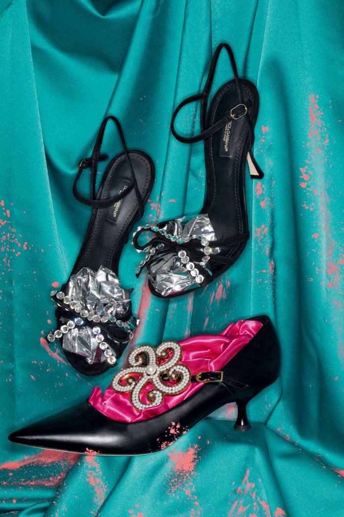 Dolce & Gabbana grosgrain and crystal sandals, £675. Loewe calfskin and pearl Flower pumps, £895