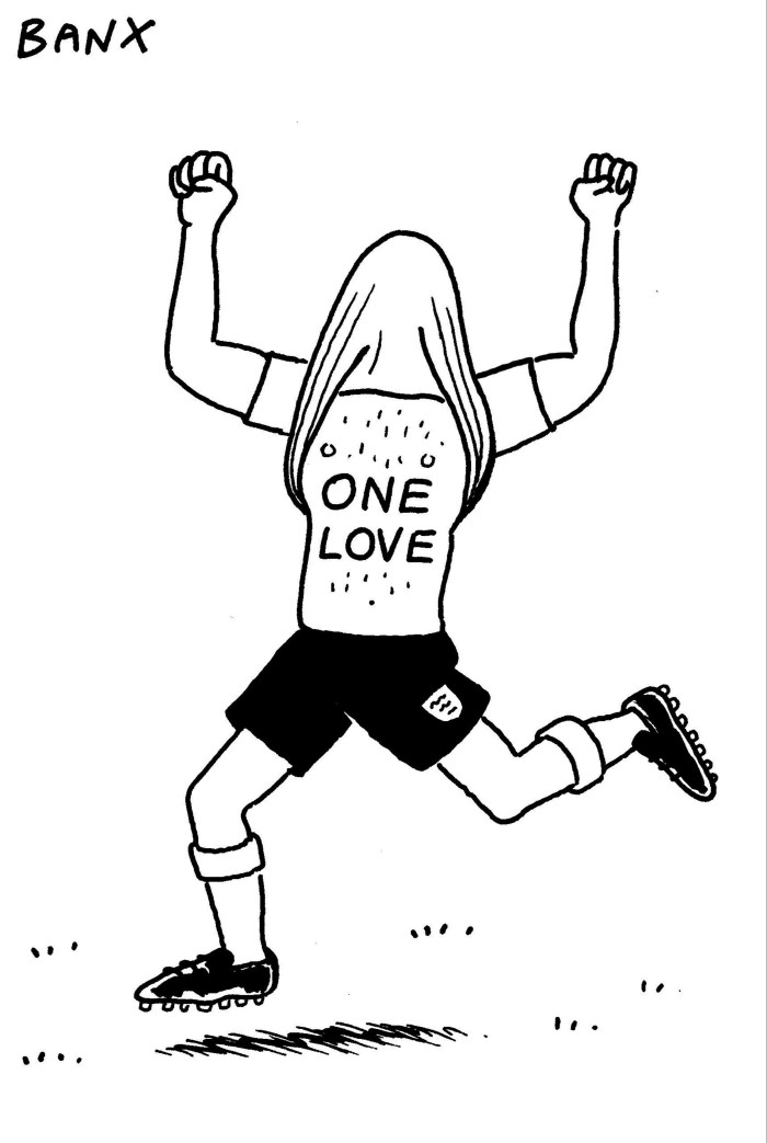 Cartoon of what looks like a faceless athlete with long hair, raised arms and wearing a shirt that says ‘one love’