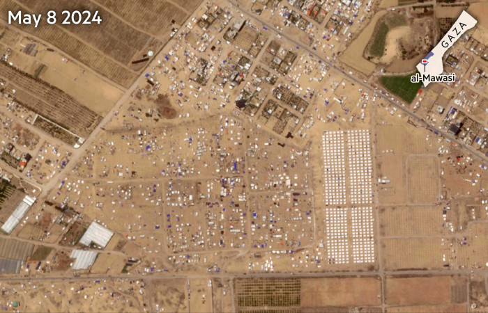 Satellite image on May 8 2024 showing same site with informal tents set up in surrounding area of camp within the al-Mawasi humanitarian zone.