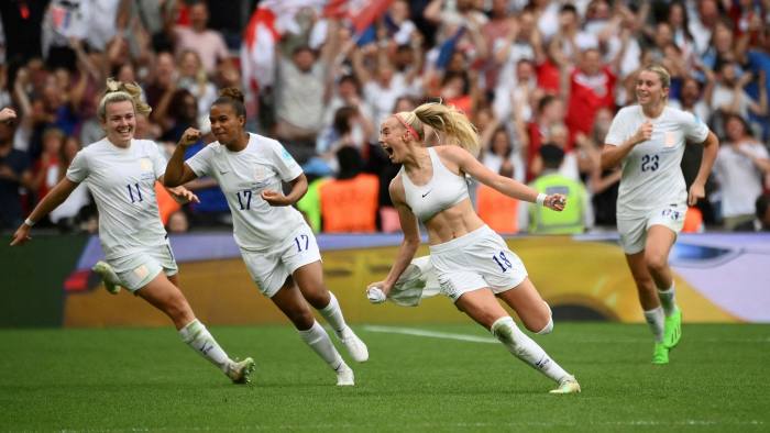 Chloe Kelly celebrates after scoring the winning goal at the final