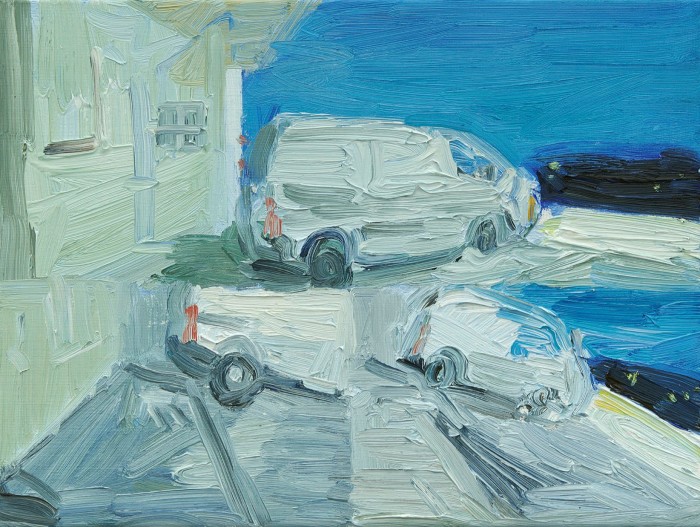 An oil painting showing a van parked beside a house from three angles