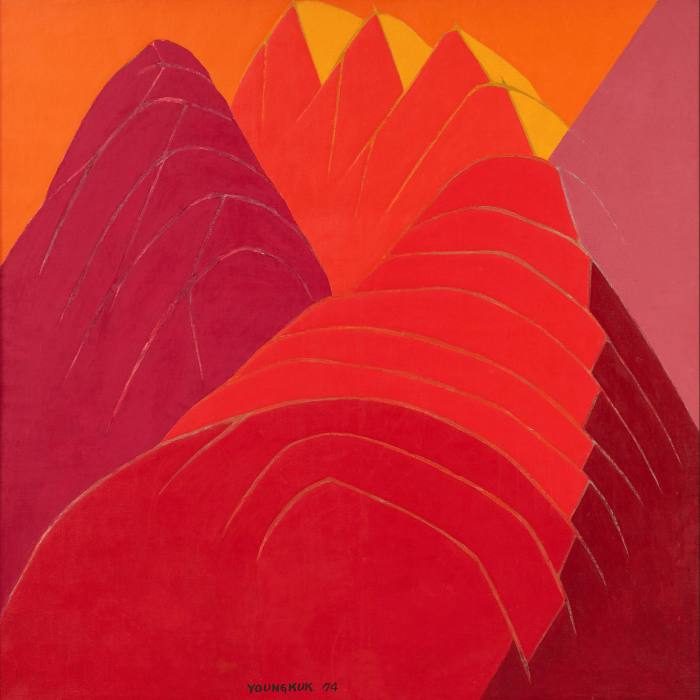 A painting showing a row of summits in shades of deep red and bright orange