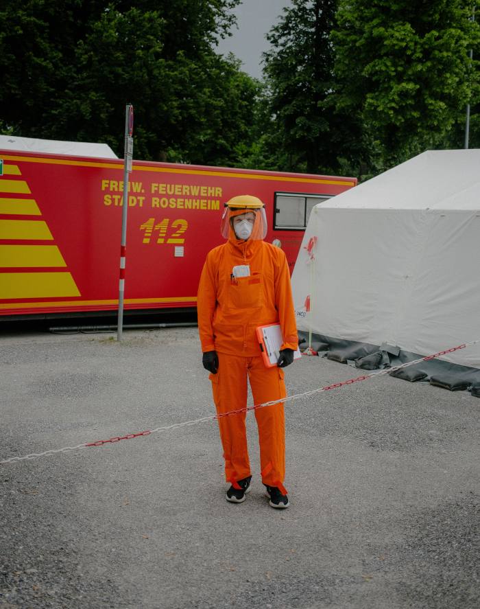 A test centre in Rosenheim. In March, Germany conducted about 160,000 tests every week, which meant cases were identified early, keeping the country’s death rate down