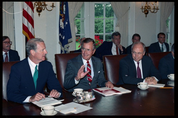 A 1989 cabinet meeting of former US secretary of state James Baker on left,  president George Bush senior in the centre and on the right Dick Cheney, then US defence secretary