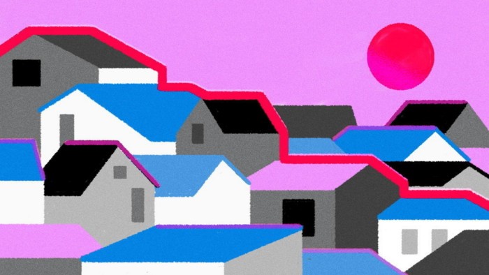 Maria Hergueta illustration of empty houses with a line descending through them to show prices falling