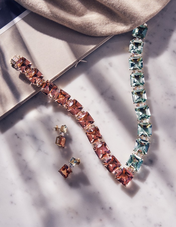 Tiffany gold, diamond, beryl and morganite necklace, POA, and gold, platinum, diamond, beryl and morganite earrings, POA. Loro Piana cashmere pullover (just seen), £1,025