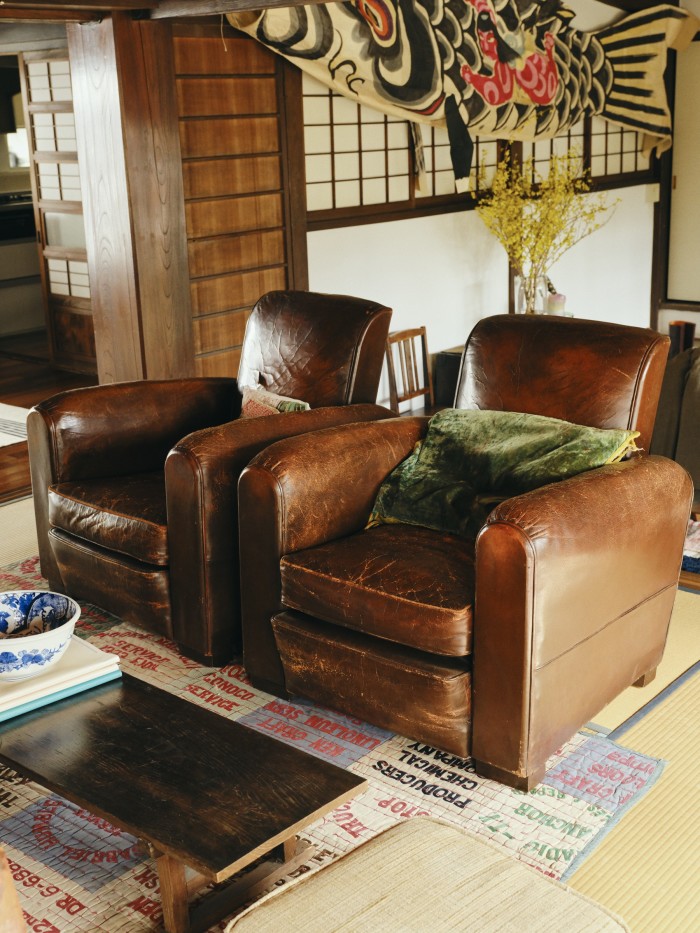 Hiroki Nakamura’s pair of 1930s leather club chairs, found at Paris’s Clignancourt flea market