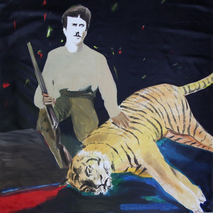 An acrylic painting of a man holding a gun crouching over a tiger 
