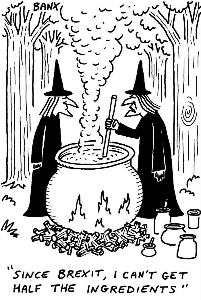 Cartoon showing a witch talking to another witch while stirring potion in a bubbling vat 