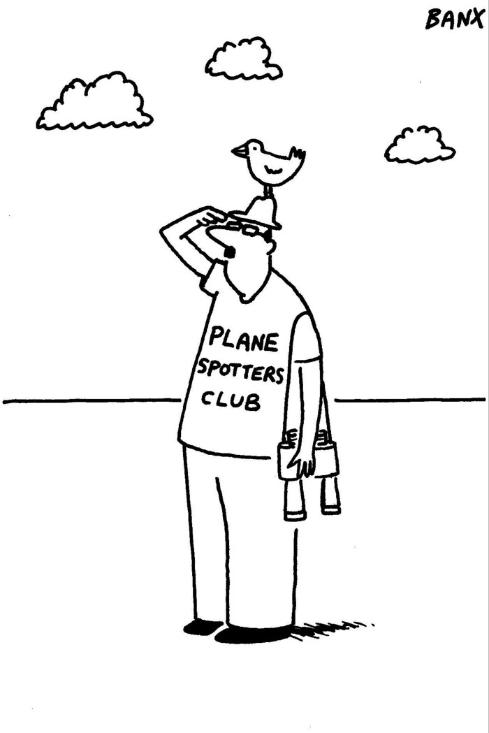 A Banx illustration of a man, wearing a shirt that says ‘plane spotters club’, looks up while a bird is perched on his hat 
