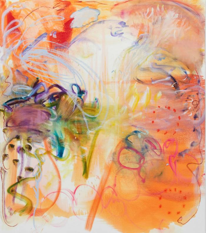 A bright abstract drawing dominated by orange with swirls of other colours