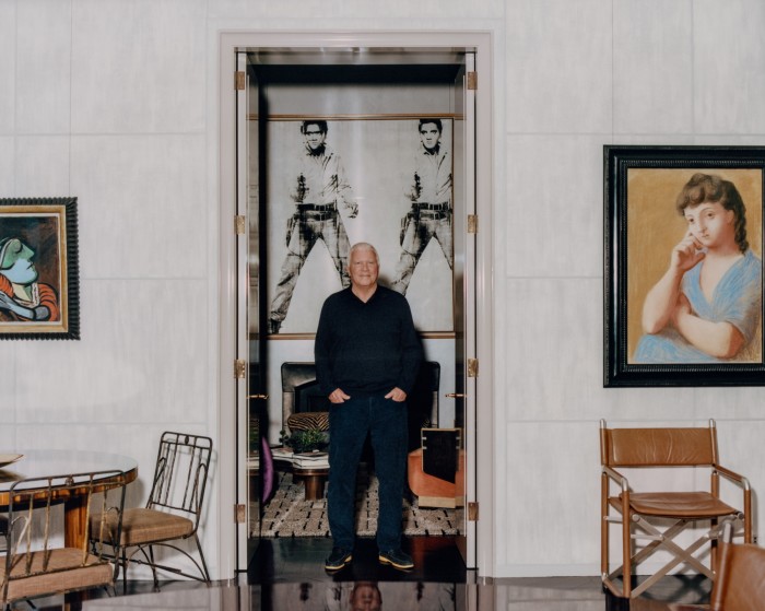 Gagosian at his Upper East Side apartment. On the walls are (from left) Femme Endormie, 1935, by Pablo Picasso, Triple Elvis, 1963, by Andy Warhol and Femme Accoudée, 1921, by Pablo Picasso
