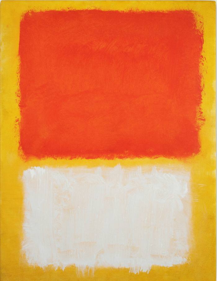 A painting of orange and white patches on a yellow background