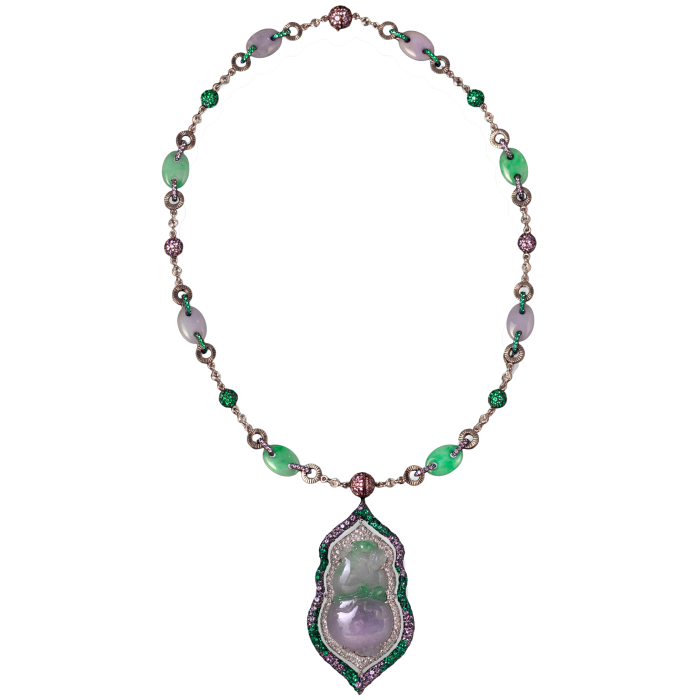 Carnet purple-green gourd-shaped jade, platinum, diamond, emerald and purple sapphire pendant/brooch and necklace