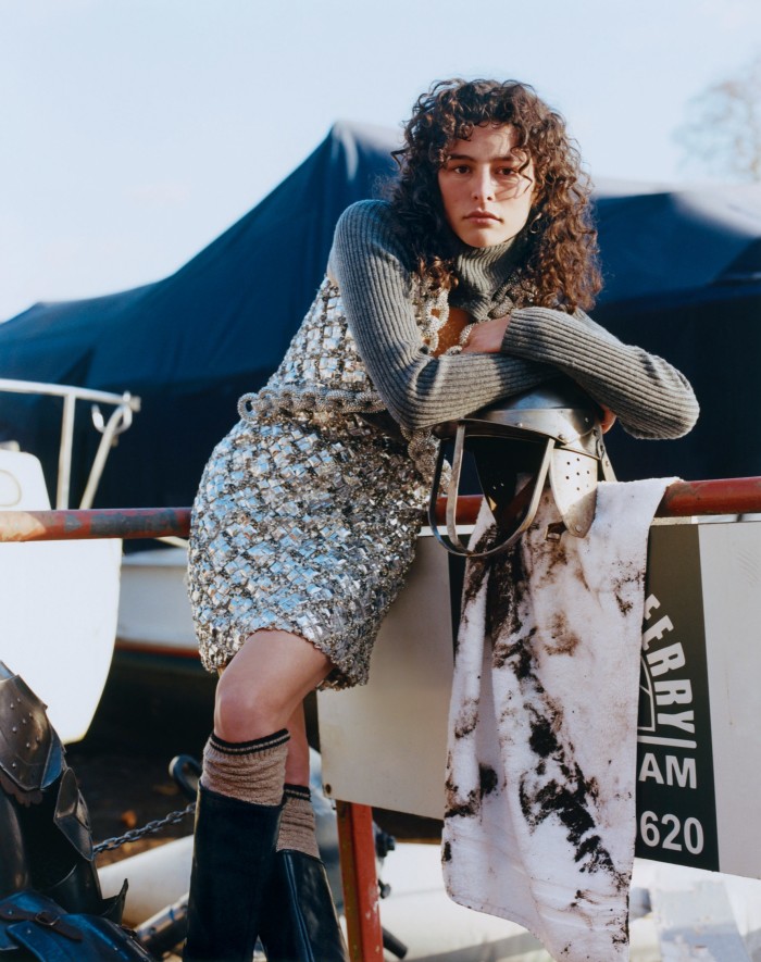 Louis Vuitton mirror-embroidered silk top, and matching skirt, both POA. Izaak Azanei cashmere/wool cami top, £255, and matching cropped rollneck, £525 for set with dress. Legres leather garden boots, £510. Le Chameau wool socks, £45