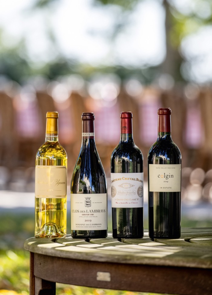 Right, from left: Château d’Yquem 2019, £300, laywheeler.com. Clos de Lambrays 2019, £657, millesima.co.uk. Château Cheval Blanc 2019, £580, bordeauxindex.com. Colgin Cellars IX Estate 2019, £612, bbr.com