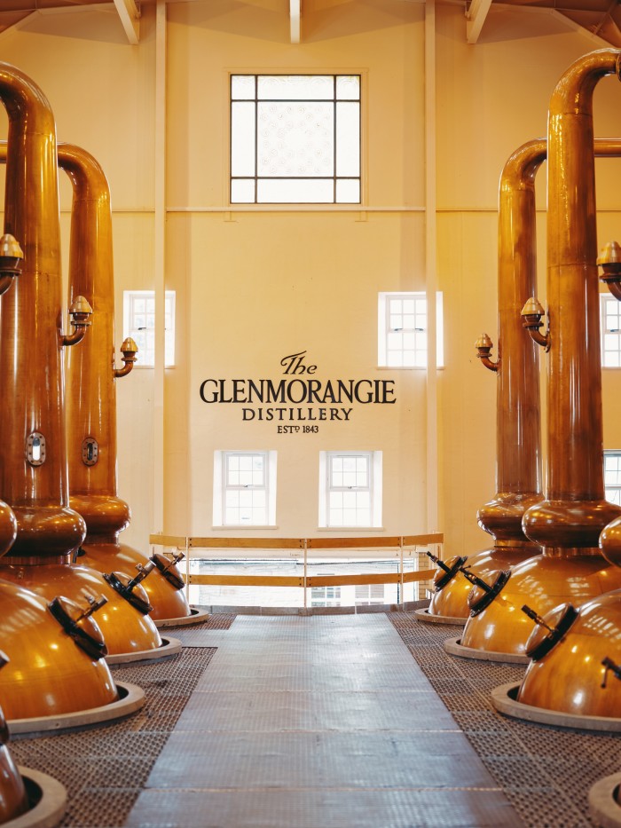 The wash and spirit stills in the Still House at Glenmorangie Distillery
