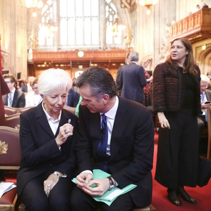 European Central Bank president Christine Lagarde with Philipp Hildebrand of Blackrock, in London. BlackRock, the $6.8tn asset manager, and other large investors have proclaimed an urgent need to arrest global warming