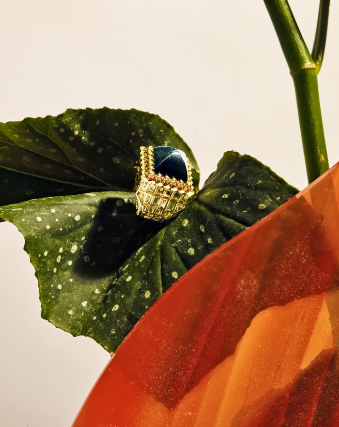 Chaumet rock crystal, sugarloaf hawk’s eye, diamond and gold Trésors d’Ailleurs Artemisia ring, POA