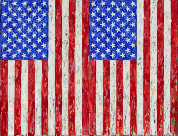 Oil painting showing two downward-facing American flags 